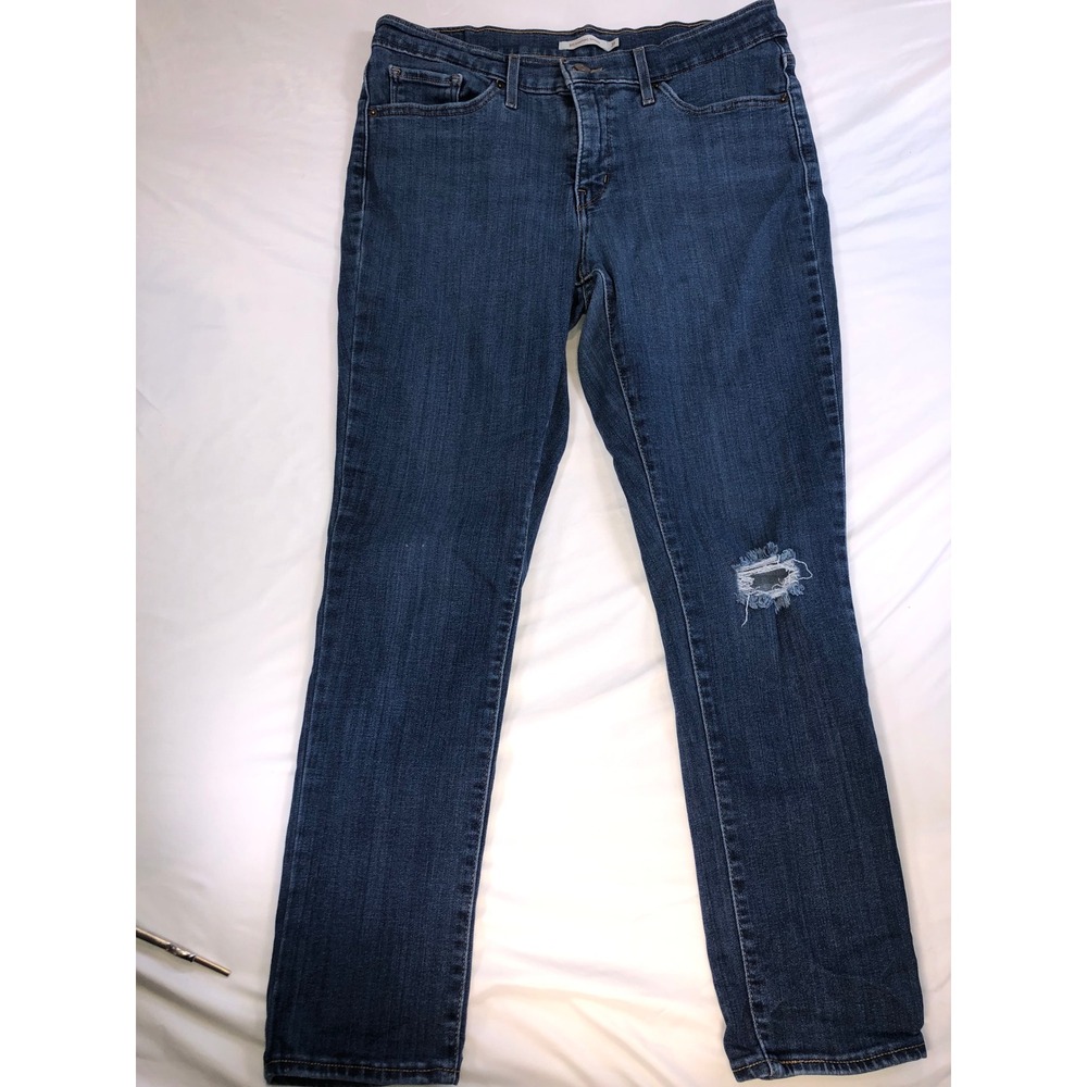 Levis 311 Shaping Skinny Jeans Womens 31 Blue Distressed Mid Rise WaterLess